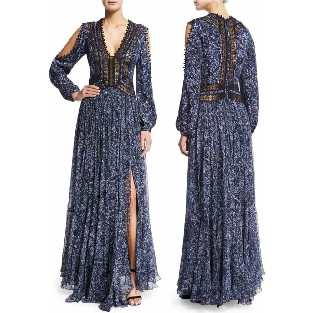 Rebecca Taylor Women's Maxi Silk Dress 4 Blue Pleated Resort 2016 Celebrity Worn